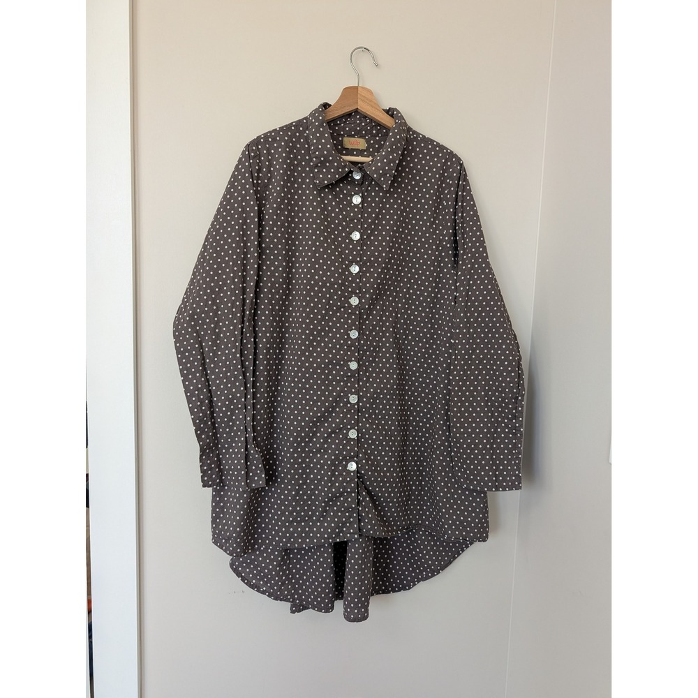 Tulip‎ cotton polka dot tunic dress button up oversized lagenlook brown womens L